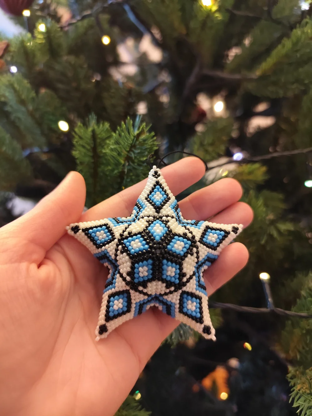Blue, White & Black Beaded Star Ornament - Holiday Tree Accent